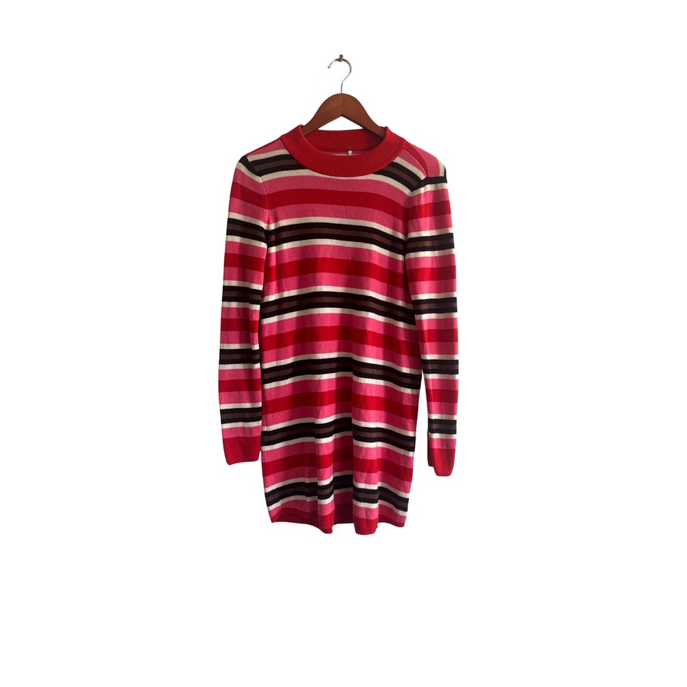 Free People Womens Striped Mock Neck Knit Sweater Dress Red Pink‎ Brown Small